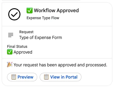 Google Chat card reading Workflow Approved, with the request name, final status, and Preview and View in Portal buttons